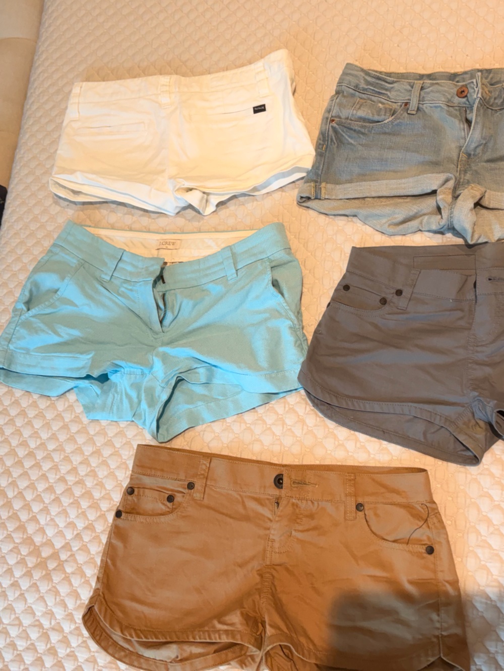 Bundle mini shorts for women- 3 HURLEY (blue, grey, brown), 1 LOFT blue, 1 denim